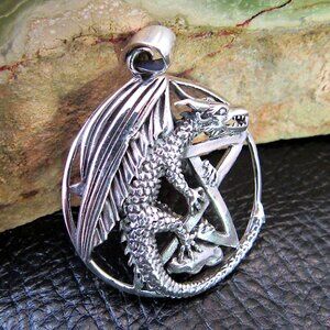 Solid 925 Sterling Silver Dragon Clutching the Pentacle Pentagram Pagan Pendant